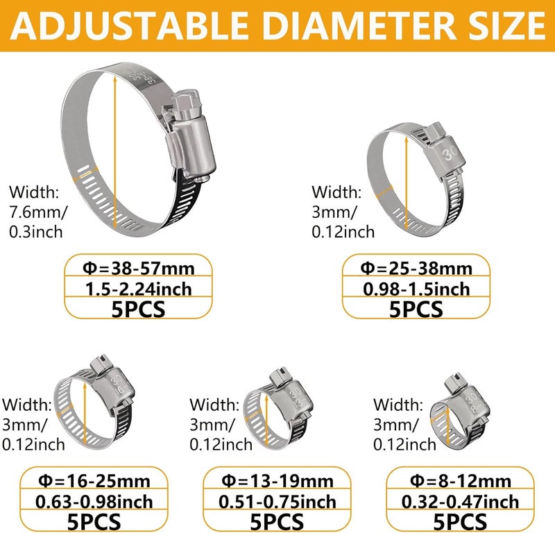 SmaringWing 25 Pack Stainless Steel Hose Clamps Assortment Kit, Adjustable 8-57mm Worm Gear Hose Clamp Heavy Duty Duct Pipe Clamp for Plumbing, Fuel Line, Radiator, Mechanical, Automotive Application, Industrial - Image 3
